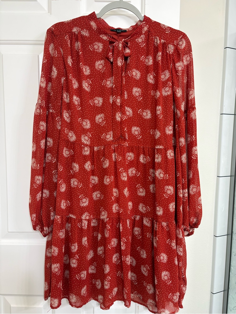 As U Wish Red Floral Long Sleeve Tie-Neck Dress